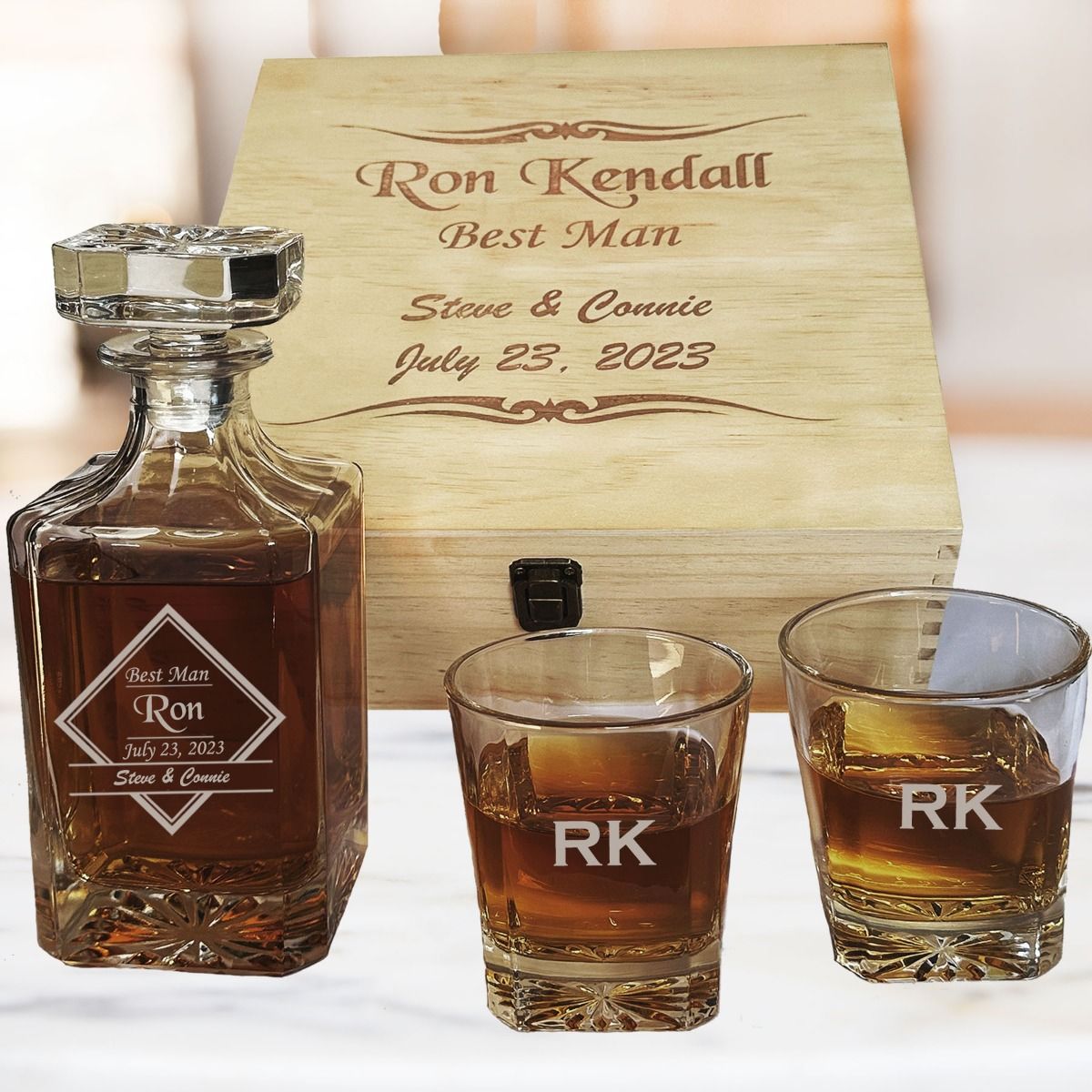 Engraved Rustic Wooden Gift Boxed Decanter, Scotch Glasses and Whiskey  Stone Set