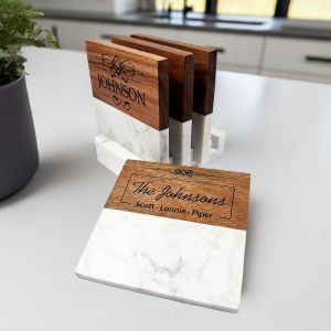 Marble and Acacia Wood Coaster Set