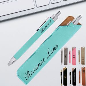 Teal Leatherette Pen And Pouch Set