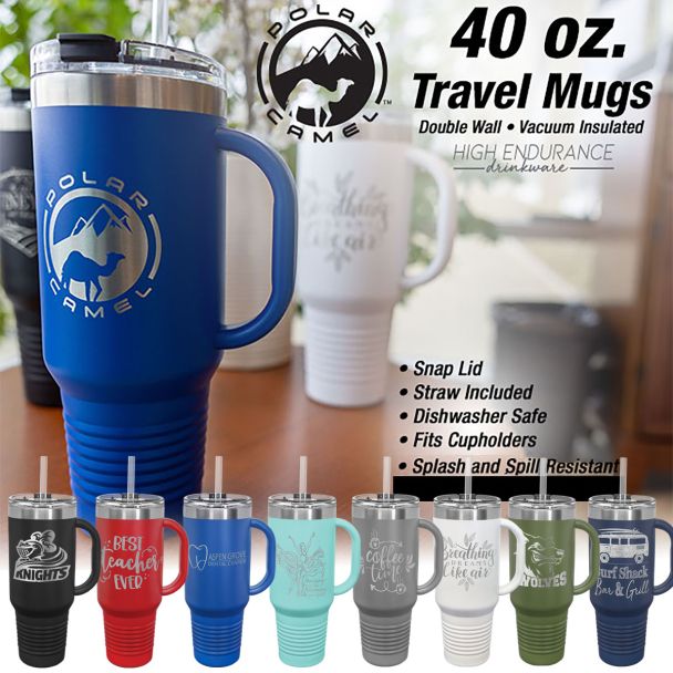 Customized Stainless Steel Double Wall Tumblers with Handle and Straw (40  Oz.), Travel Mugs