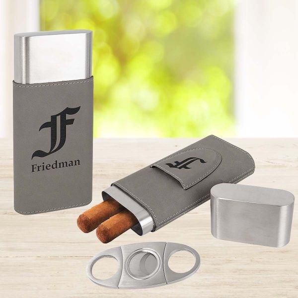 Personalized Cigar Case With Cutter In Gray Leatherette